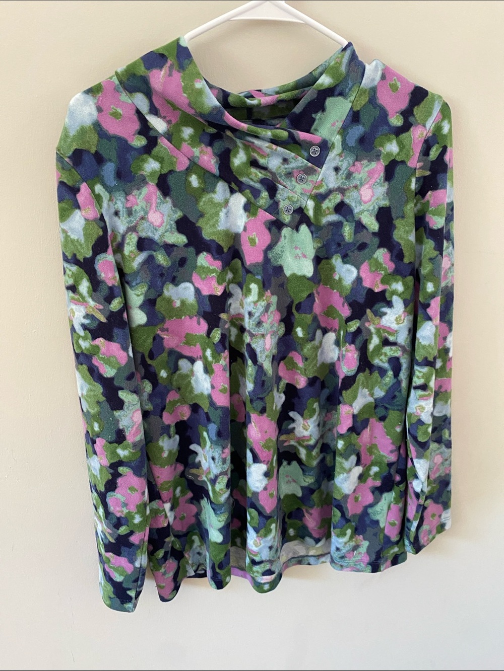 Cowl Neck Long-Sleeve Floral Tee - Pink & Green